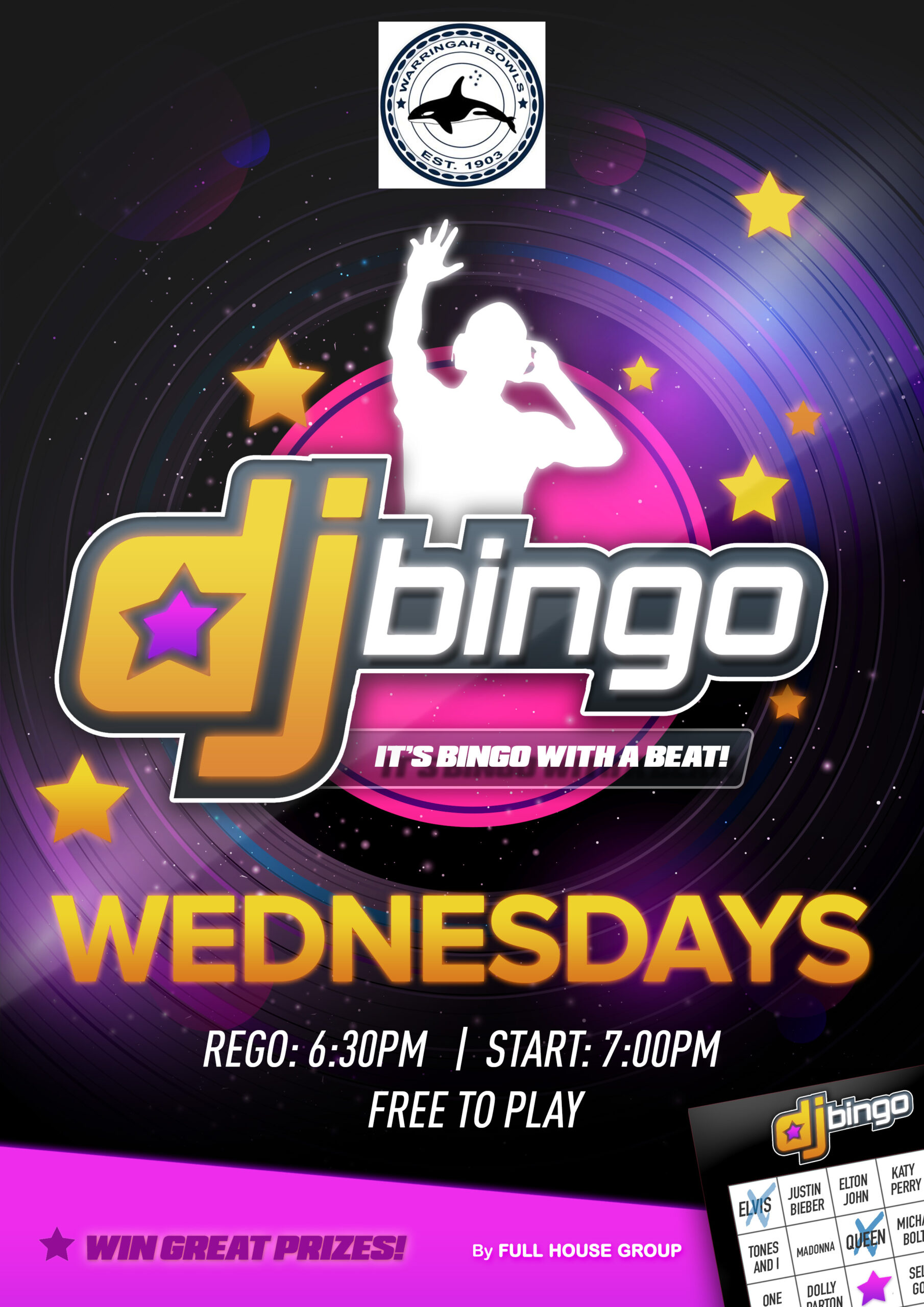 DJ Bingo Wednesday Rego 6:30pm | Start 7:00pm | Free to play