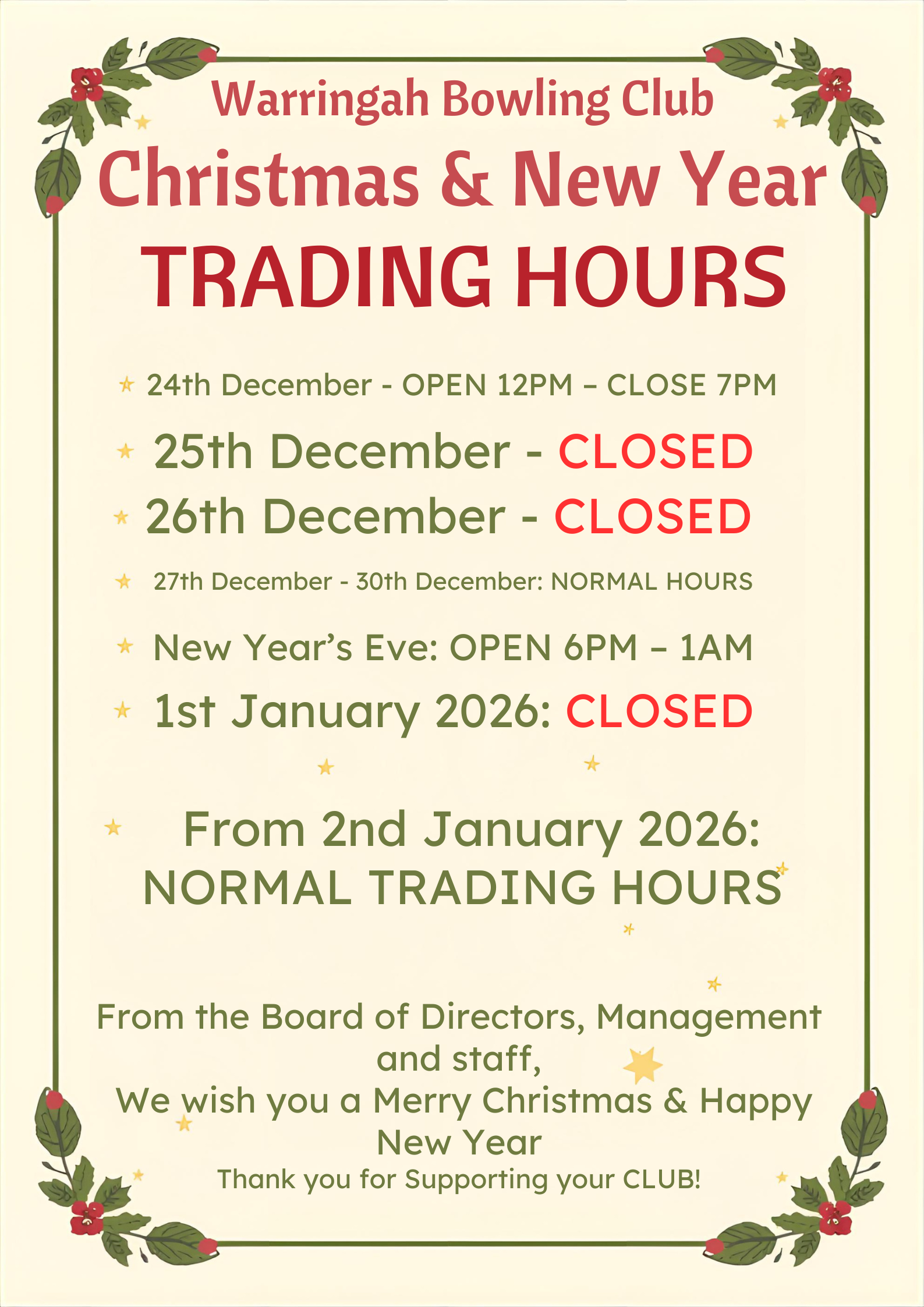 WBC Christmas and New Year Trading Hours